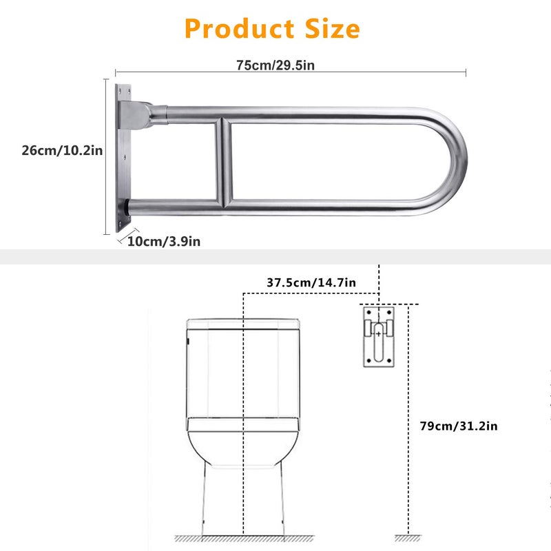 WochiTV 29.5 INCH Toilet Grab Bar Stainless Steel Handicap Rails Grab Bars Bathroom Support for Elderly Bariatric Disabled Commode Safety Hand Railing Guard Frame Shower Assist Aid Handrails Hand Grips - Image 5